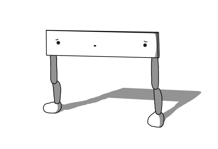 A robot in the form of an athletics hurdle with jointed legs instead of struts. It has a big, flat, rectangular section with its face on it, with its eyes at either end, looking a bit worried.