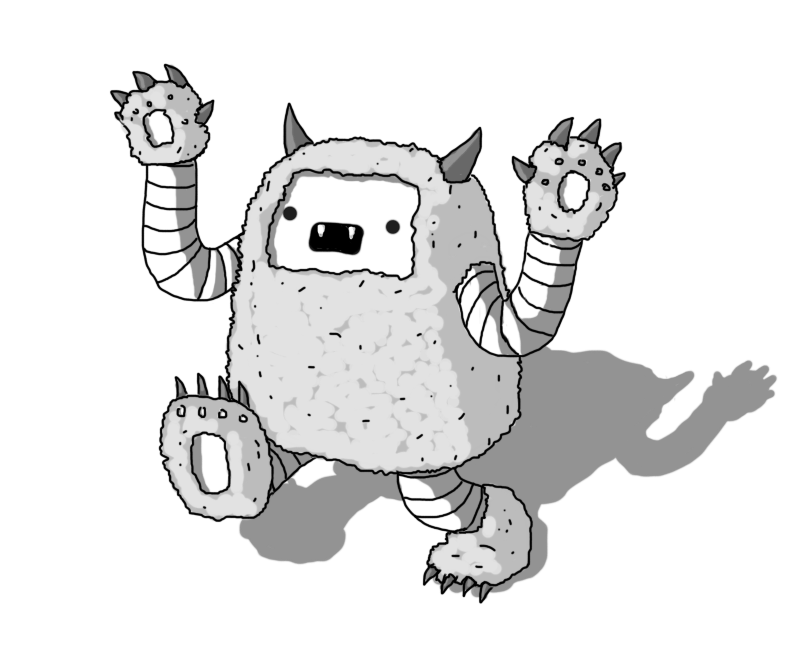 A cuboid robot with long banded arms and legs. It has clawed hands and feet, and those and its body are covered in fur, with a rectangular gap for its face. It also has horns and fangs in its wide, open mouth. It's walking forward, arms raised threateningly.