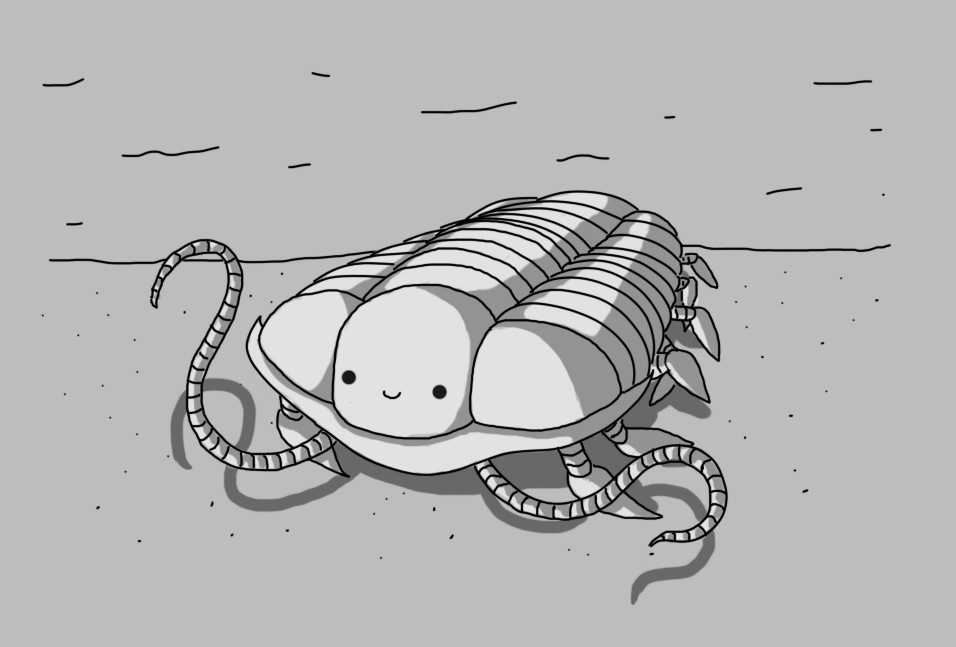 A robot in the form of a trilobite, the extinct marine arthropod. It has a front section made up of three bulges, the middle of which has a little face on it, and behind that a thorax consisting of three ribbed sections. Jointed feelers extend from below a curved plate beneath its front and it has lots of jointed legs on its underside. It's happily roaming across a sandy seabed.