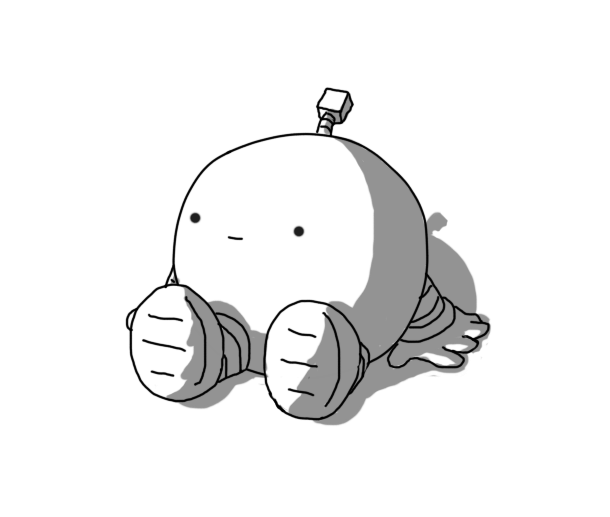 A spherical robot with banded arms and legs, sitting on the ground with a neutral expression on its face. It has an antenna with a cube on the end.