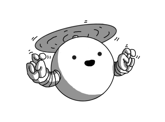 A spherical robot held aloft by a propeller on its top. It has two banded arms and is saying something as it waggles its fingers, doing "air quotes".