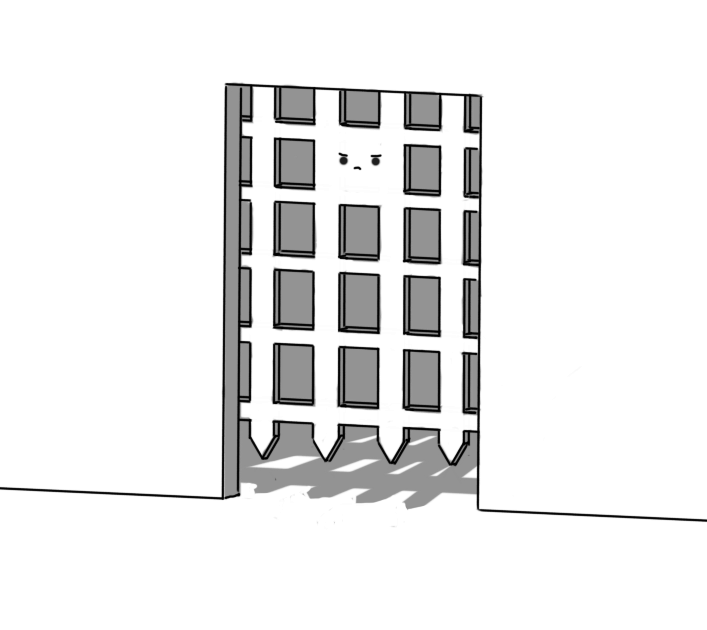 A rectangular doorway in a wall barricaded on the far side by a medieval-style portcullis consisting of four vertical bars and five horizontal ones, but formed of a single piece. One of the holes in the middle near the top is filled in, and has a grumpy little face on it.