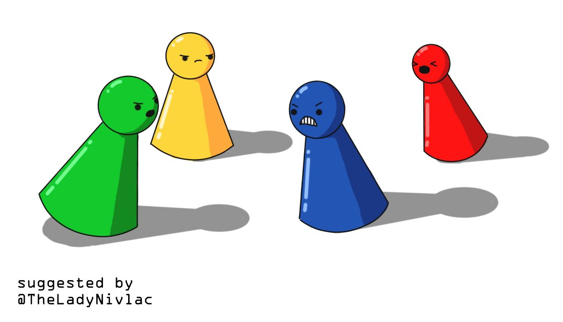 Four robots shaped like generic game pieces from Ludo or similar board games: a conical body with a spherical head. They're coloured green, yellow, blue and red, with shiny surfaces that resemble plastic. The robots are engaged in a dispute of some kind. Green is lunging towards blue, speaking angrily, while blue bares its teeth. Yellow looks grumpy in the background, while red is approaching, eyes screwed shut and shouting.