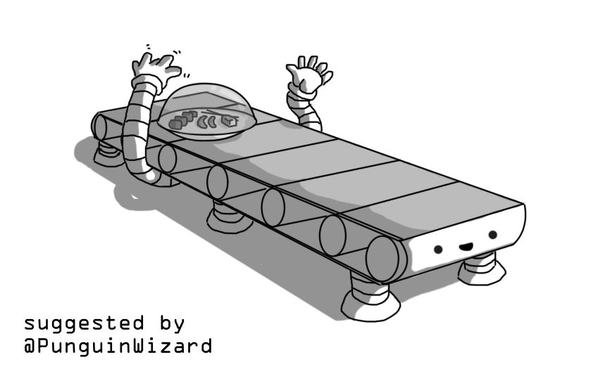 A robot in the form of a conveyor belt, with three pairs of short, banded legs on its underside. Its smiling face is on the near end and it has two long, banded arms reaching up to a circular tray on its top, covered in a transparent dome, filled with neat rows of sushi and a pair of chopsticks.