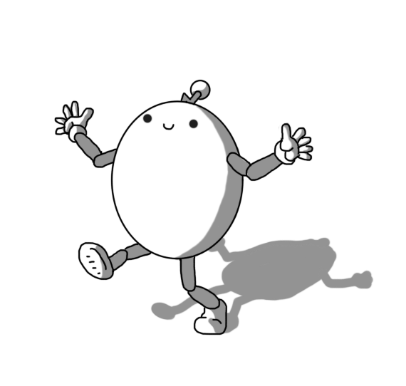 An ovoid robot with jointed arms and legs and a zigzag antenna. It's walking forward, arms held out, smiling happily.