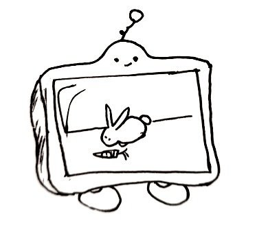 A tablet-like robot with tiny little legs and a smiling face. Displayed on its screen is a fluffy rabbit with a carrot. It seems that the carrot is not long for this world.
