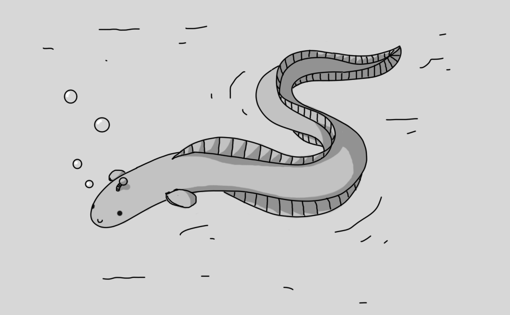 A robot in the form of an eel, undulating through the water. It has a blunter head than an actual eel, with a little smiley face on it and an antenna on top. It has two hinged flippers on either side near its front and ribbon-like fins that run along its dorsal and ventral surfaces, coming together in a point around its tail. Bubbles are rising from the robot's head.