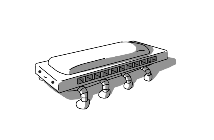 A little harmonica, with the holes facing towards the frame. It has eight banded legs, arranged under its long sides like it's some kind of arthropod, and a smiling face on one of the short ends.