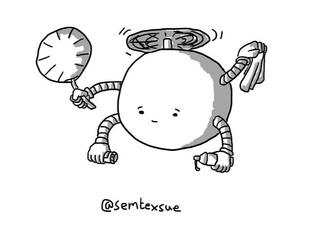 A spherical robot held aloft by a propeller on its top and with four arms: one holds a hand fan, another has a tissue, another a container of pills and the last a little bottle of lubricant.It has a sympathetic expression on its face.