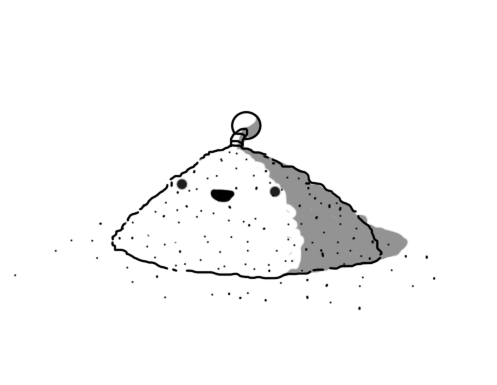 A little conical pile of dust, with a banded antenna on the top and a smiling face on it.