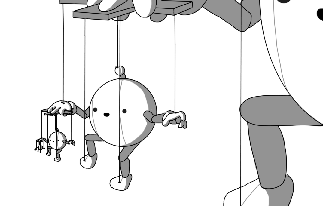 A spherical robot with jointed arms and legs and an antenna. It has strings attached to its hands, feet, and antenna bobble, leading up to a marionette cross-brace, which is manipulated by itself, rendered as a version some 50% larger hovering above it. Likewise, the robot has its own cross-brace and a 50% smaller version of itself is suspended from it, and so on and so on, presumably into infinity.