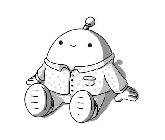 An ovoid robot with an antenna, sitting on the ground with its feet out in front of it. It's wearing some dotty pyjamas in a traditional loose collared shirt style, and smiling cheerfully.