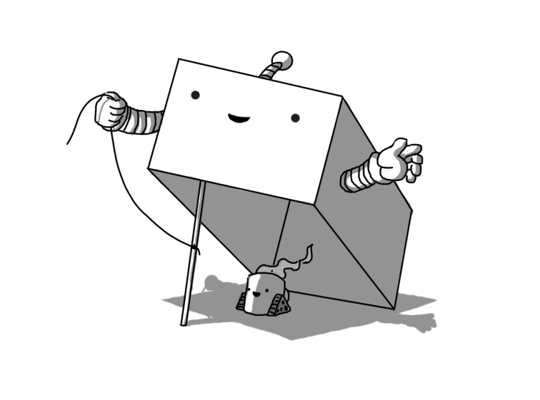 A robot in the form of a large, cuboid box with a face on the front, two banded arms on the side and an antenna. It's held up at an angle by a stick tied to a cord which the robot is holding, and there's a steaming Teabot underneath it.