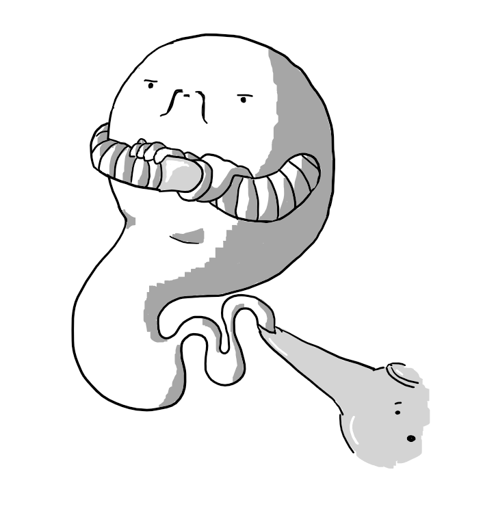 A round robot emerging from the spout of Lampbot. Its lower half is a gaseous tendril and it has banded arms folded across its chest. It wears reflective manacles on its wrists, has a thin, dangling mustache and a stern expression on its face.