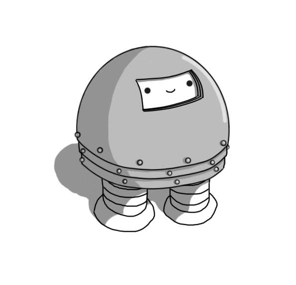 An apparently dome-shaped robot with two banded legs. Its exterior is seemingly made up of (or encased in) three nested, overlapping armoured domes, the bottoms of which are visible as layered skirting at the bottom, held in place by round, protruding rivets. The armour plates have a rectangular gap near the top that allows the robot's smiling face to be seen.