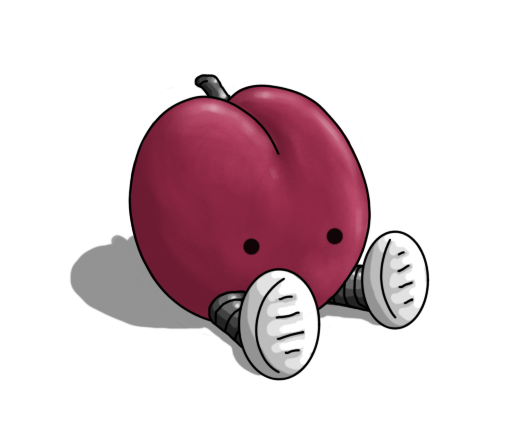 A robot in the form of a plum. It has banded legs and is sitting on the ground with its feet out in front of it. It has eyes but no mouth and is coloured a dusty reddish purple (i.e. plum). A stalk on its top is coloured reflective black, the same as its legs.