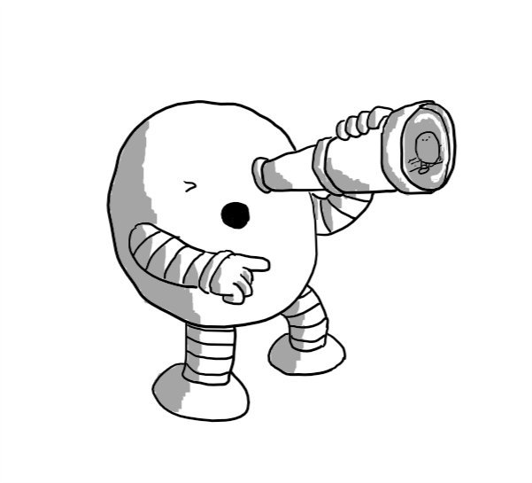 A round robot holding a telescope to one eye and pointing with its other hand, mouth open as if shouting a warning. The lens of the telescope reflects an image of Bigbot coming ashore.