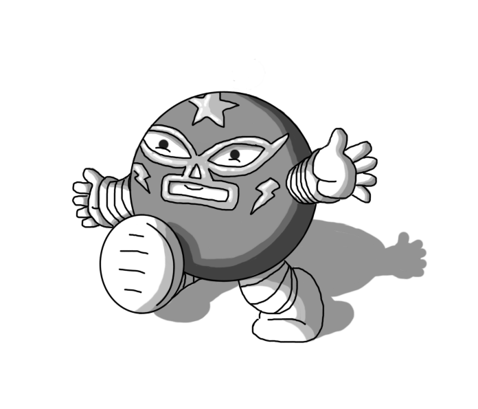 A smiling, spherical robot walking forward and waving. It is wearing a mask - which necessarily covers its entire body - in the style of a luchador (Mexican professional wrestler), with framed gaps for the eyes, mouth and nose (even though it hasn't got a nose), lightning bolts on the cheeks and a star on the forehead.