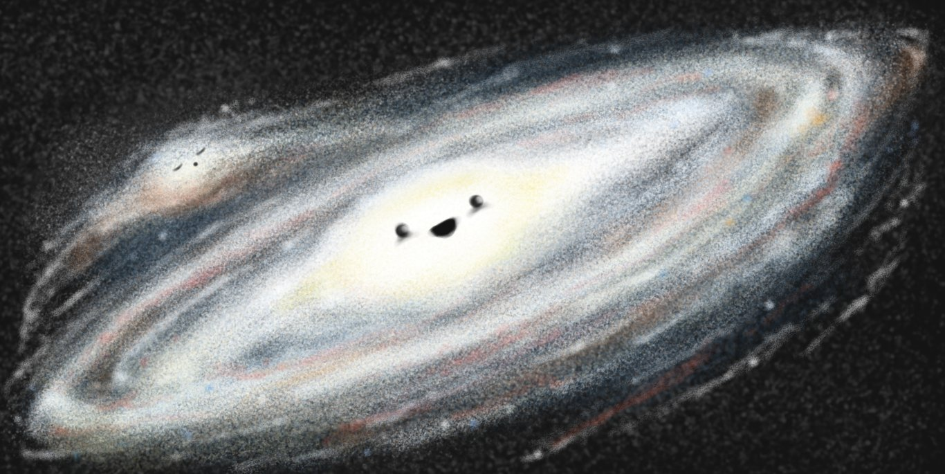 A drawing of a barred spiral galaxy, drawn in hazy pastels. The central bulge has a little smiling face on it, and there is also a much smaller satellite galaxy beside it, which has a face too and is asleep.