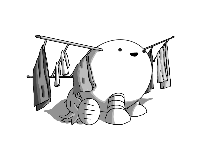 An ovoid robot with four banded legs and a luxuriant, equine tail. It;s sitting on the ground and has a drying rack affixed to each of its upper flanks, rather like wings. Each is just two poles with several struts between them, and folded clothes hang from each strut. The robot is smiling happily.