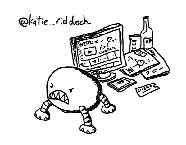a little ovoid robot with four legs and a really angry face complete with big sharp teeth, standing in front of a mobile phone, a cinema ticket, a screen showing Netflix, several magazines, a can of beer and a bottle of wine.