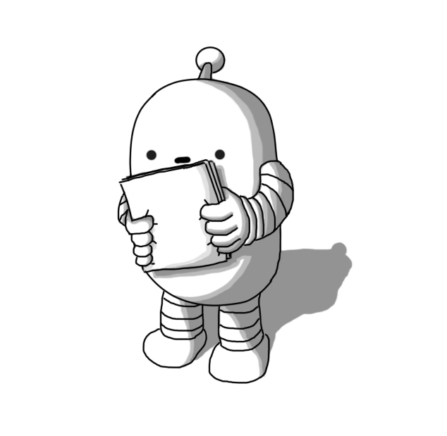 A pill-shaped robot with banded arms and legs and an antenna, holding a sheaf of papers that it's reading intently from.
