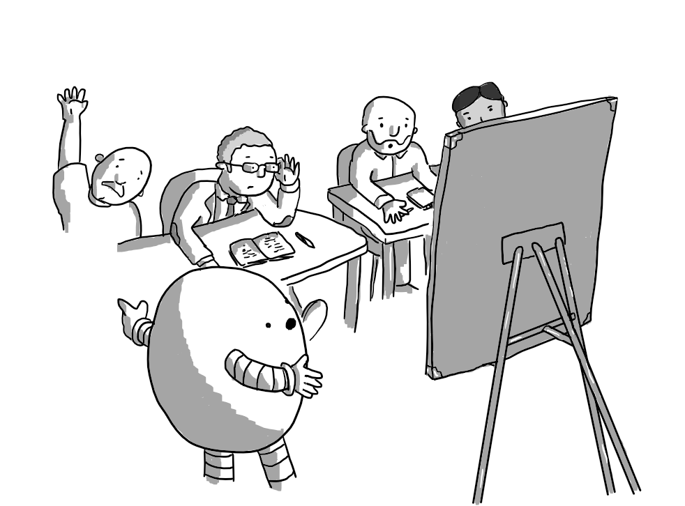 An ovoid robot stands beside a whiteboard facing away from the frame with an audience of four men sitting at desks and staring in disbelief and confusion at whatever is on the board. One man has his hand in the air and the robot is pointing to him as it looks at the board, mid-sentence.