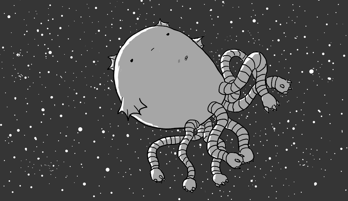 A huge, rounded robot with a cluster of writhing, banded tentacles at its base, each tipped with a clawed, shapeless hand floats in space. It has odd fins on its body and is looking balefully down at the tiny form of Spacebot drifting across its bulk.