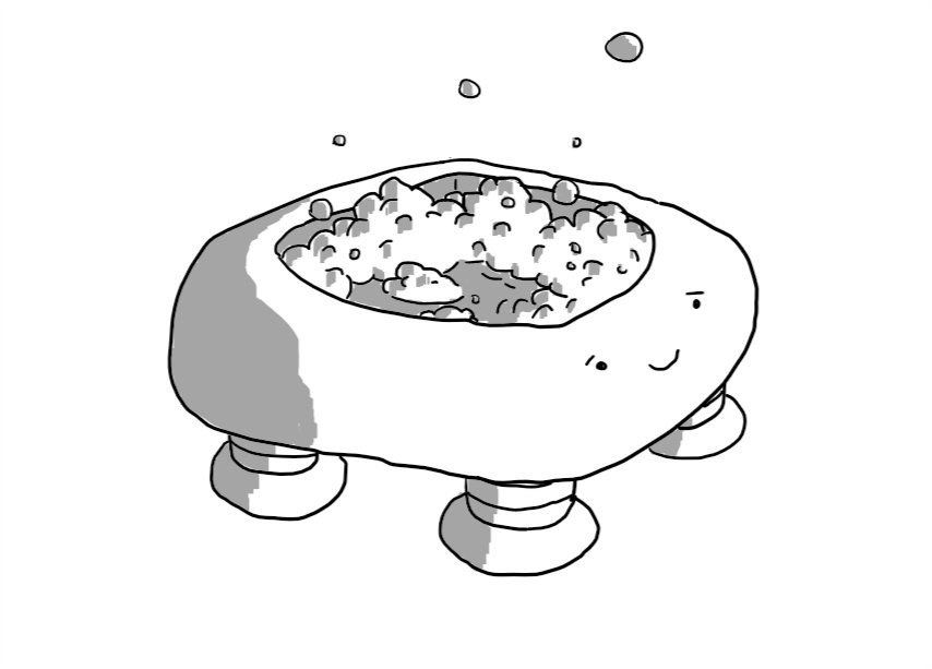 A robot in the form of a shallow, rounded tub of bubbling water with four short legs on the underside. It has a face on its front, making an expression of reassuring sympathy.