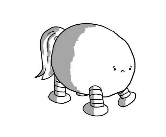 An ovoid robot with four legs and an equine tail. It has a sad expression on its little face.
