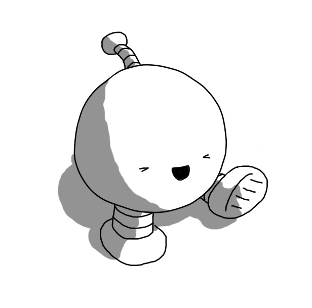 A spherical robot with short, banded legs and an antenna. It is screwing its eyes shut and yelling in excitement as it throws out one of its legs.