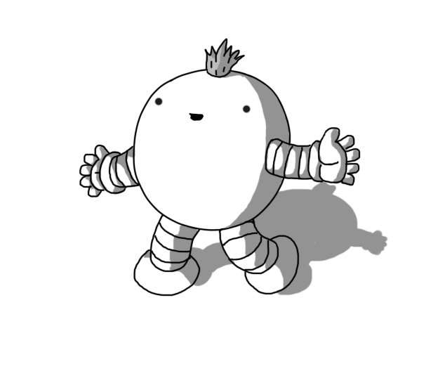A round robot with banded arms and legs and a little spiky tuft of hair on its top. It looks pretty happy about it.