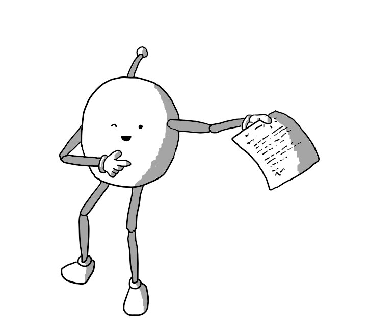 A round robot with jointed arms and legs, holding out a typed letter and pointing with its free hand as it winks cheekily at the recipient of the missive.