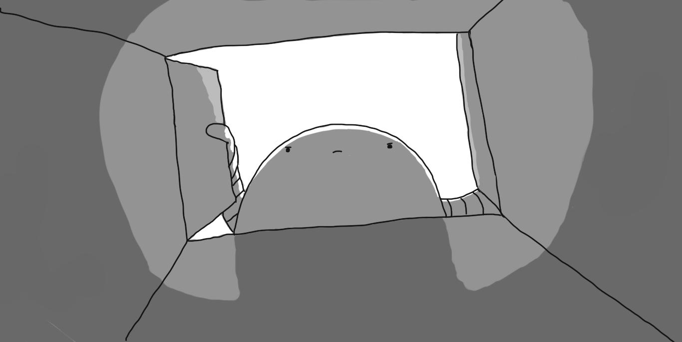 A view from the inside of a cardboard box. A round robot with a stern face looms over the opening, in the process of closing the lid.