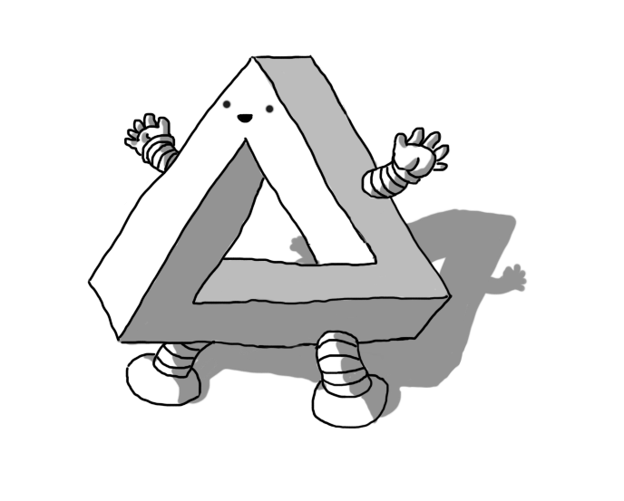 A robot in the form of a Penrose triangle (an optical illusion in which a 2-D rendering imitates the shape of a 3-D triangle except the perspective lines don't intersect correctly so that it can't be reconciled as a real shape), with banded legs on two sides at the bottom and banded arms on two other sides closer to the top. It has a smiling face at the apex. Sorry, this one is really tough to do an image description for since it relies on visual trickery...