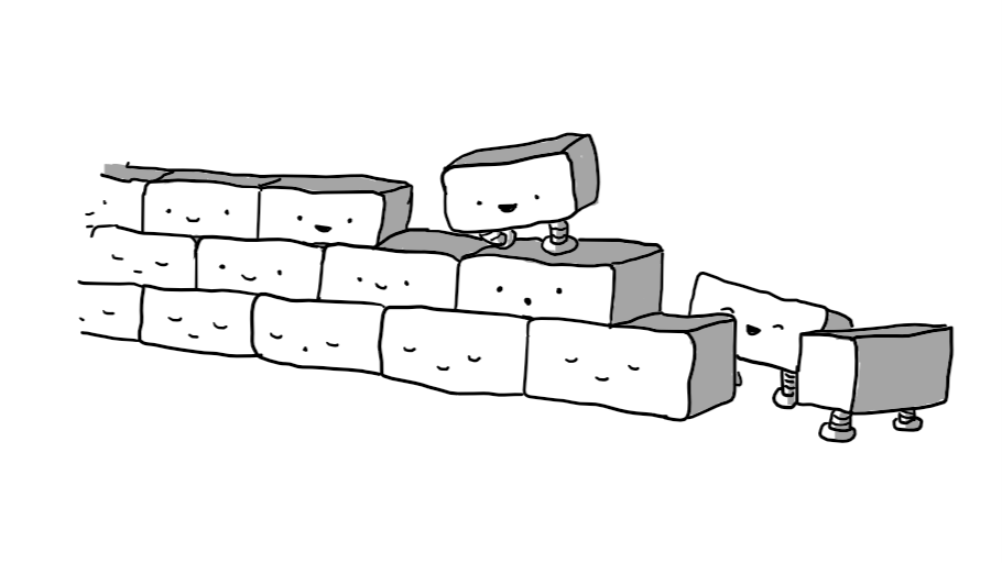 A three-layer high wall of bricks, all with little faces on them. Most of the lower bricks are happily sleeping (one is snoring) while the uppermost are awake with one standing and manoeuvring itself into position while two more look on from the ground.