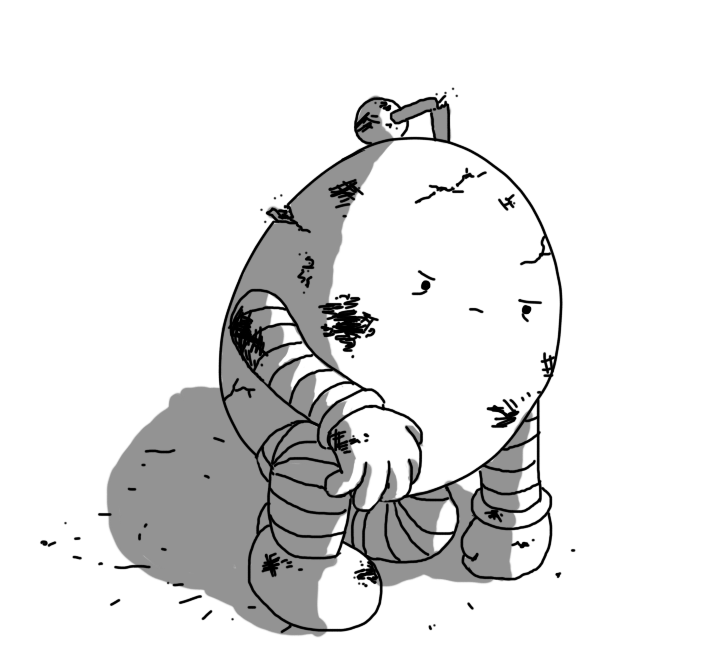 A battered, ovoid robot with banded arms and legs and a broken antenna, wearily clambering to its feet.