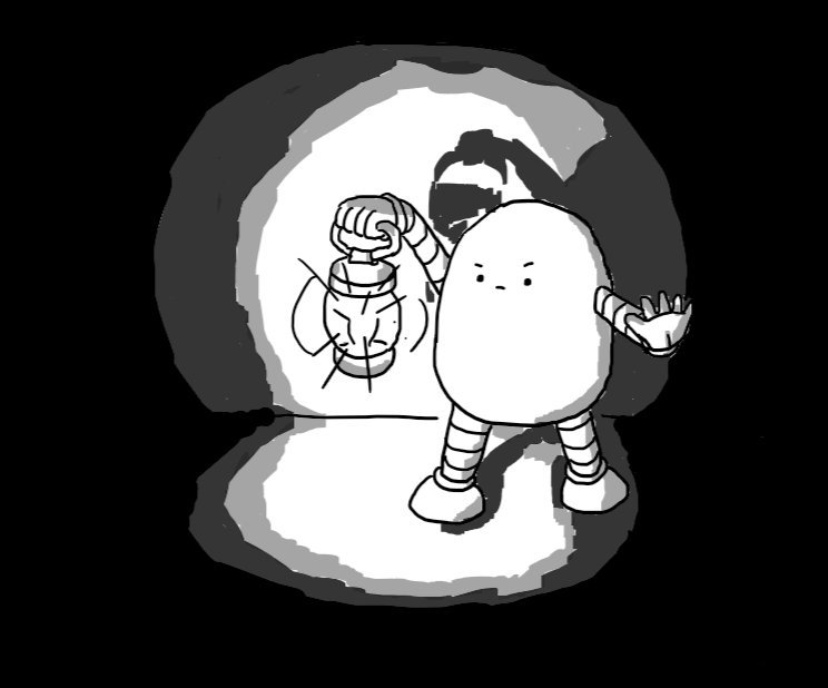 A rounded robot standing near a wall, surrounded by absolute darkness. It holds aloft a lantern which casts light around it and its other hand is held out defiantly.