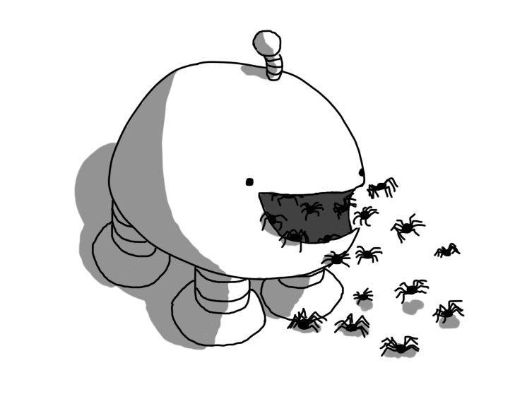 A lateral, ovoid robot on four banded legs with a short antenna and a wide open mouth, from which is spilling forth many small spiders. The robot seems quite happy about the arrangement.