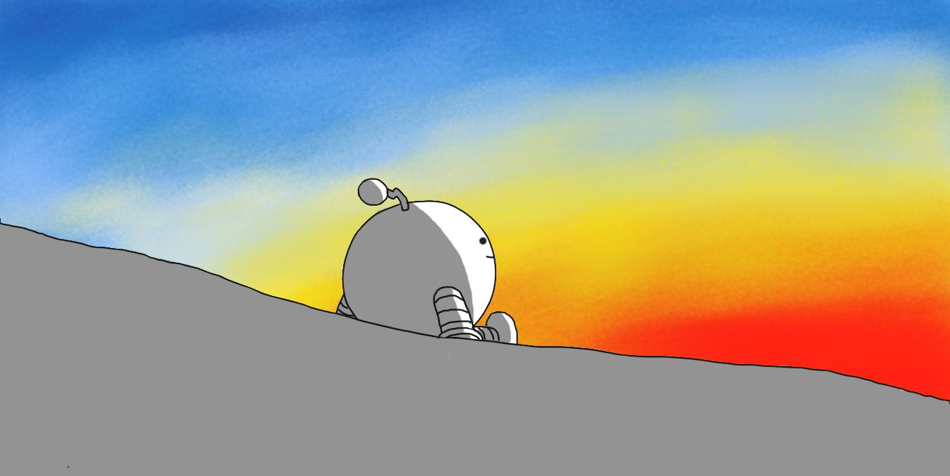 A spherical robot with banded arms and legs and a zigzag antenna sitting and smiling on a hillside. The background consists of a variegated sky, moving from dark blue, through to light blue, pale yellow, yellow, orange and finally red.