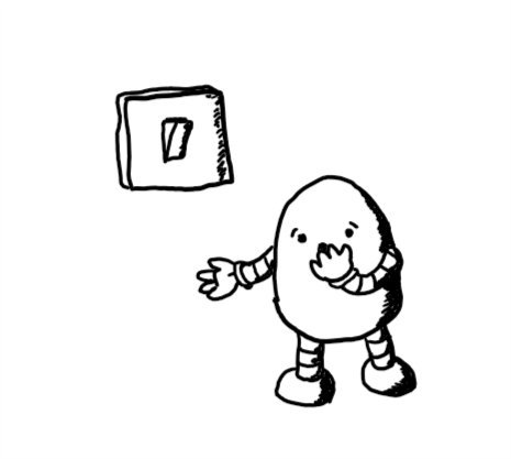An ovoid robot standing next to a light switch in the 'on' position, holding a hand over its mouth as it makes a horrified expression.