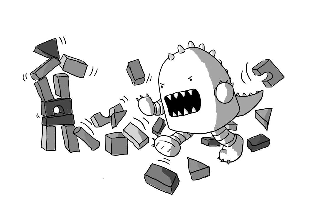 A round-topped robot with banded arms and legs, a line of spikes running from its head down to a lizard-like tail at its rear and feet and hands with little claws on them. It has a wide open mouth filled with long teeth and is angrily smashing its way through a set of child's building blocks arranged in towers.