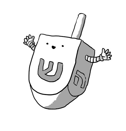 A robot in the form of a traditional Jewish dreidel toy. It has a happy face on the side with the Hebrew ש‬ ('shin') and arms on the adjacent faces. The only other side visible is ה‬ ('hei').