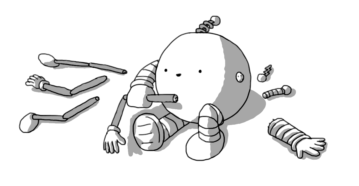 A spherical robot that is switching its limbs between chubby, banded ones and slim, jointed ones. It currently has three banded limbs and is holding a jointed arm, either moving it towards or away from the open arm port on its side. The spare limbs lie around it on the floor, as well as a selection of antennae that might replace its currently coiled one.