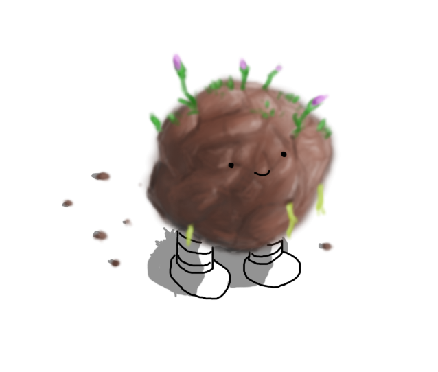 A smiling robot in the form of a roughly spherical clod of earth, with two banded legs. A number of purple flower buds have pushed their way out of its top, and some roots hang down from its underside. It also has a couple of small patches of sparse grass here and there.