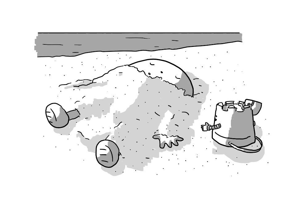 A sleeping round robot with jointed arms and legs, partially buried on a beach while Sandcastlebot looks on happily, holding a little spade.