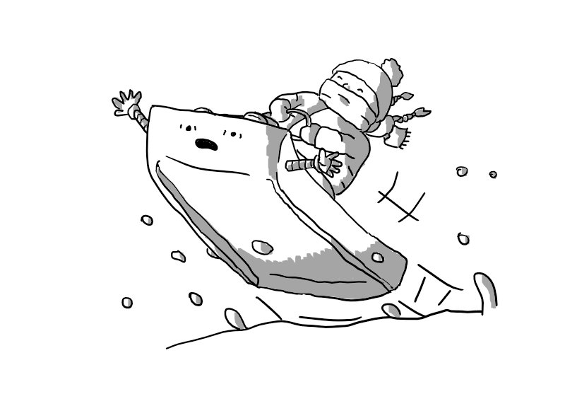 A robot in the form of a simple toboggan with two banded arms on either side, flying off a snowy bank and into the air. A smiling child, heavily wrapped in winter clothing, scarf and pigtails flying behind her, rides it. The robot, for its part, looks completely terrified and is flailing its arms wildly.