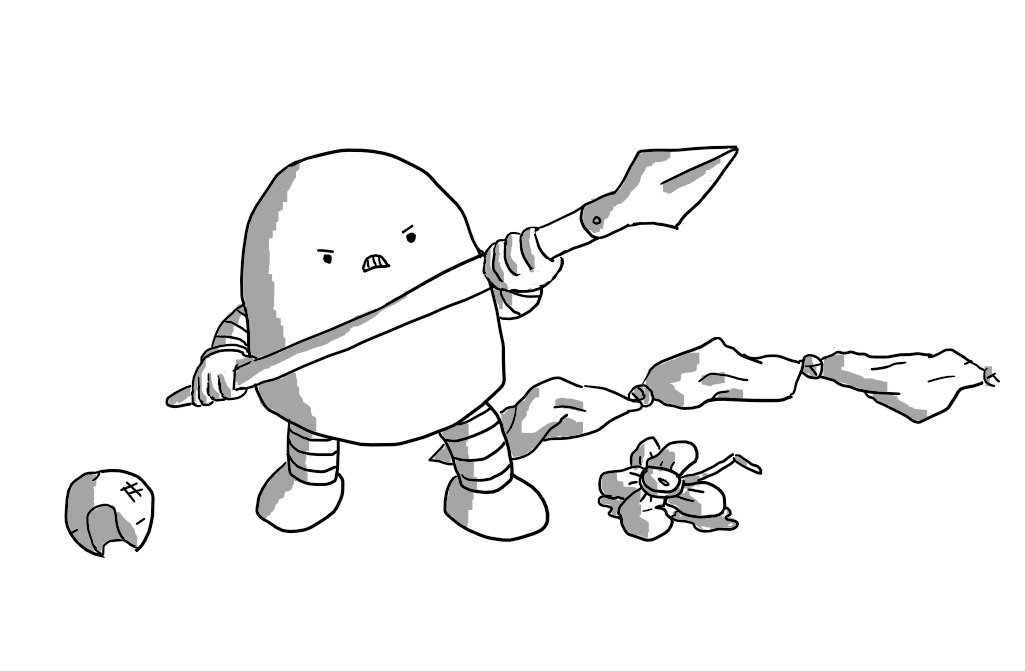 An angry, round-topped robot with banded arms and legs, brandishing a spear. Surrounding it are a battered red nose, a crumpled artificial boutonnière leaking water and a set of knotted handkerchiefs.