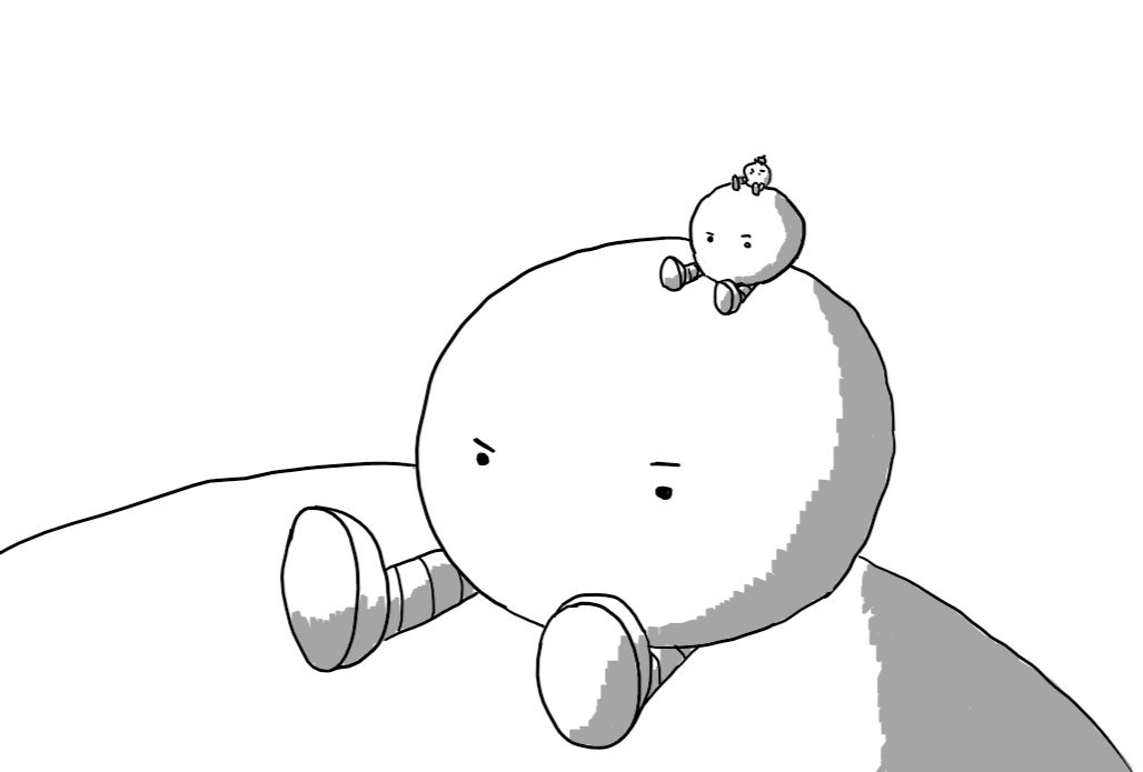 A spherical robot with banded legs sitting on top of a larger version of itself, with a smaller version of itself on top of it, and a smaller version on top of that one and so on to the limit of visibility. It has no mouth but its eyes convey an expression of confused frustration.