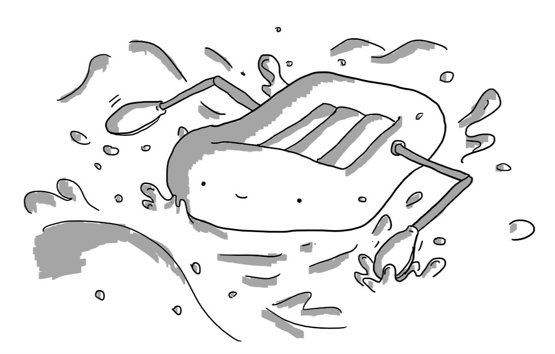 A robot in the form of an inflatable dinghy, with a happy face on the front and two jointed arms that end with oars that it's using to paddle through turbulent water.